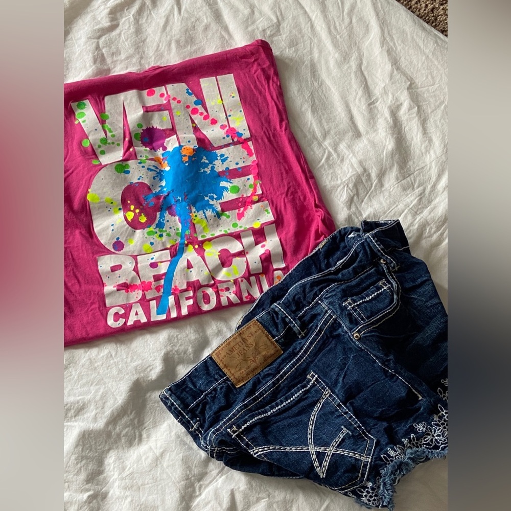 NWOT JR’s Sz-S PreLoved Venice Beach CA Tank Sz-S & “Amethyst” DenimShorts Sz-3